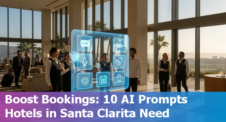 Hotel front desk with AI voice assistant screen, Six Flags in background, and icons for chatbots, pricing, and sustainability