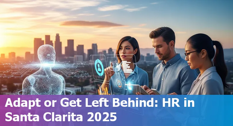HR team discussing AI adoption in Santa Clarita, California office with Santa Clarita skyline visible