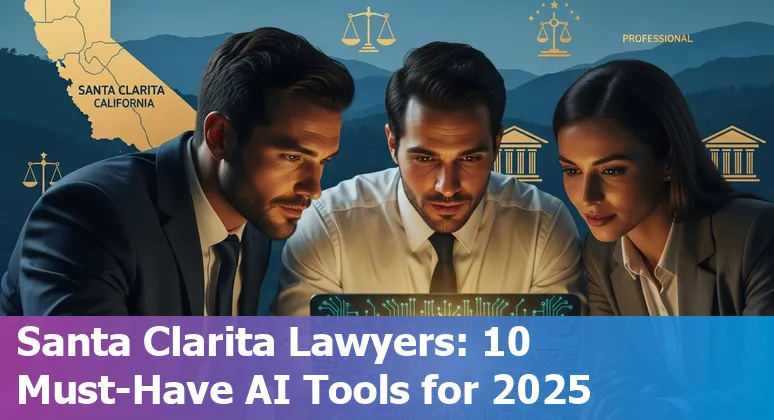 Lawyer using AI tools on a laptop with Santa Clarita skyline in the background