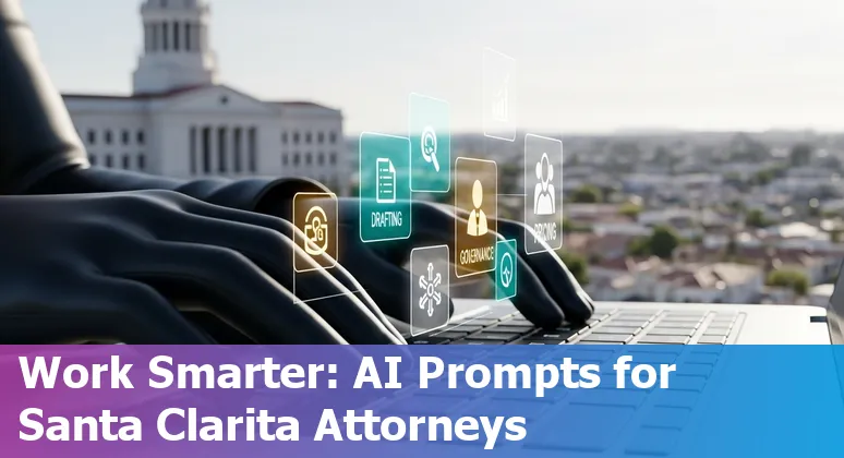 Santa Clarita lawyer using AI prompts on a laptop with California map and legal documents
