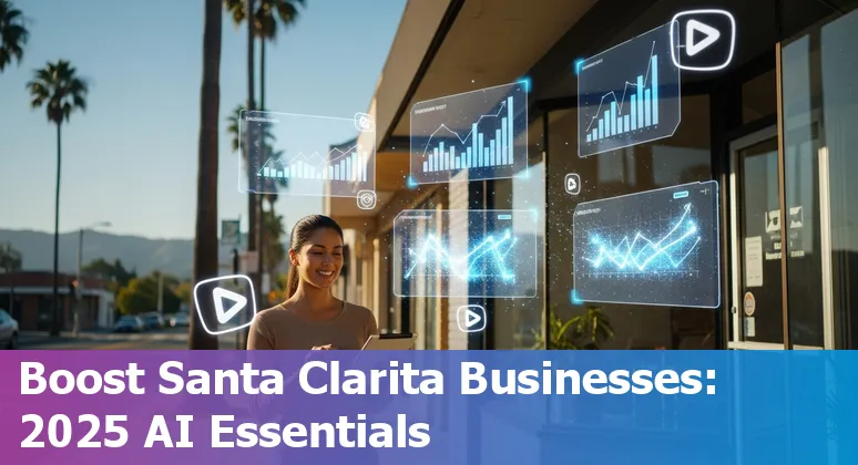 Santa Clarita marketer using AI tools on laptop with social, SEO, email and chatbot icons