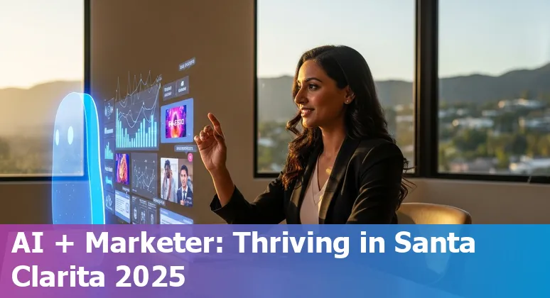 Illustration of a Santa Clarita, California marketer using AI tools alongside community engagement activities