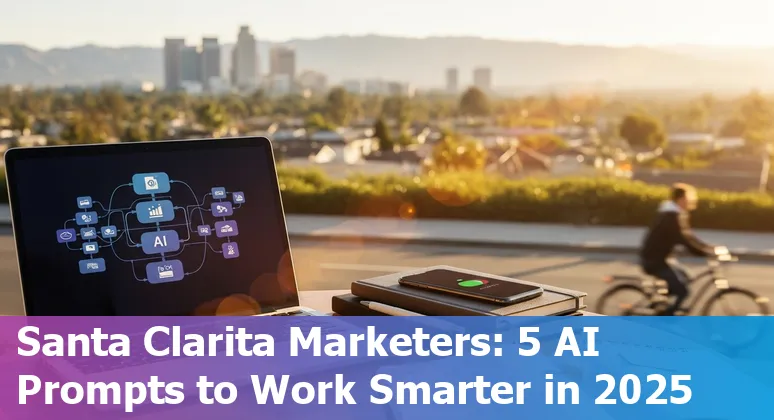 Marketing professional using AI prompts on a laptop with Santa Clarita map and calendar on screen.