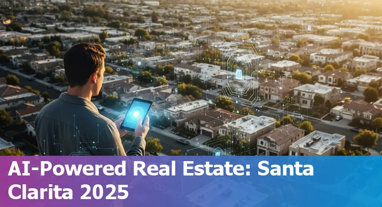 Santa Clarita, CA real estate agent using AI tools on a laptop with virtual staging and market charts in 2025