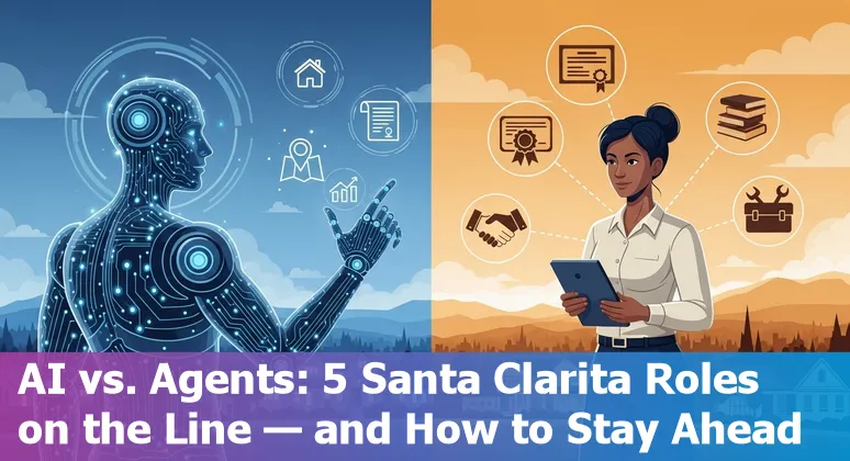 Santa Clarita real estate agent studying AI tools with neighborhood map and laptop