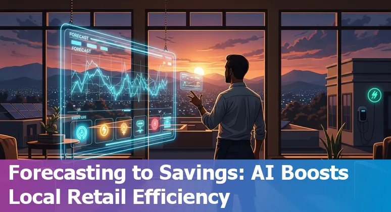 AI-driven inventory dashboard on a tablet in a Santa Clarita, California retail store showing forecasts and savings.