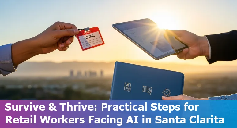 Retail worker at a Santa Clarita store watching a self-checkout kiosk as a robot packs boxes in the background.