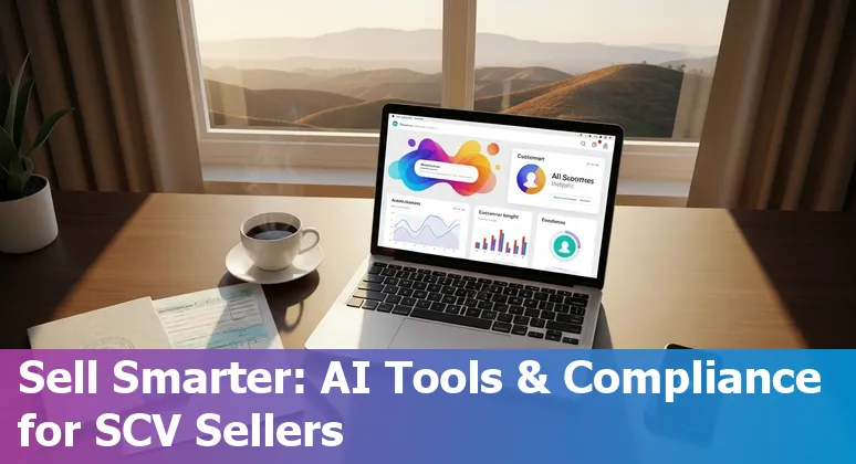Sales professional using AI tools in an office in Santa Clarita, California, with tax and compliance notes for 2025.