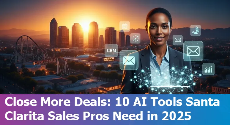 Sales professional using AI tools on laptop with Santa Clarita skyline overlay