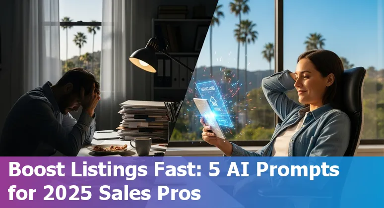 Sales professional using AI on laptop with Santa Clarita neighborhood map and property images displayed.