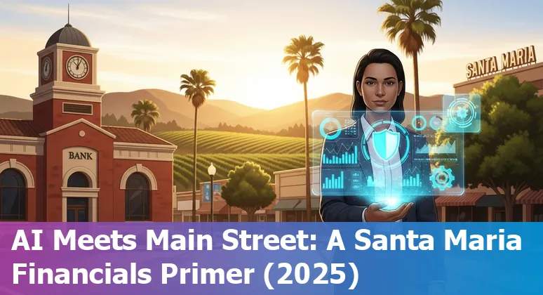 Illustration of AI in financial services with Santa Maria, California skyline and 2025 tech icons
