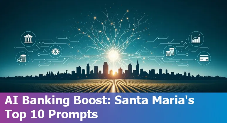 Illustration of AI in local financial services: chatbot, fraud shield, and charts over Santa Maria skyline