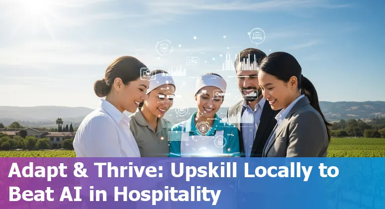 Hospitality workers in Santa Maria discussing upskilling to adapt to AI, with hotel and restaurant icons