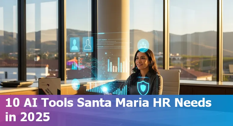 HR professional in Santa Maria reviewing AI HR tool dashboards with California compliance icons