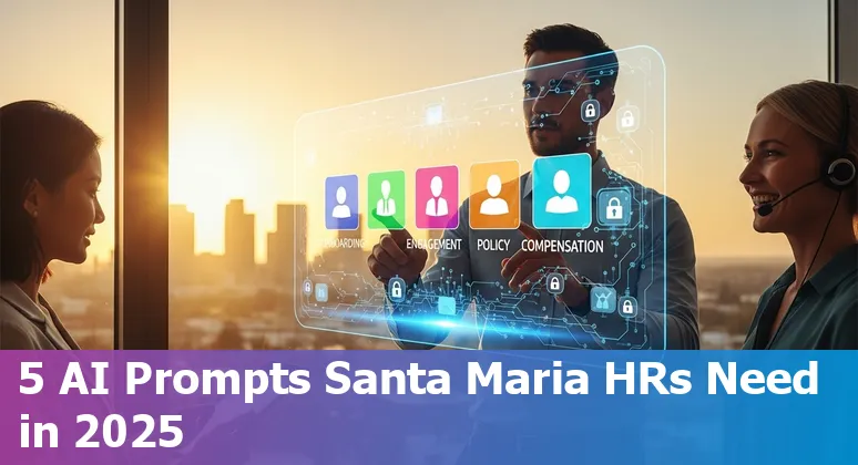 HR professional using AI prompts on a laptop with Santa Maria skyline and California map overlay