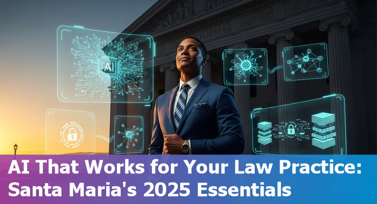 Lawyer using AI tools on laptop with Santa Maria courthouse illustration in background