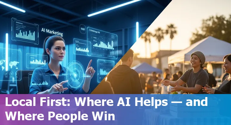Marketer using AI tools in Santa Maria, California, US showing local downtown and laptop screen with analytics