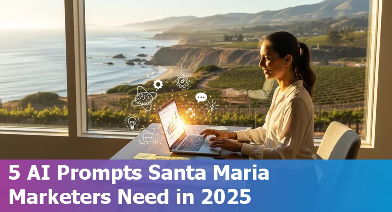 Santa Maria marketer using AI prompts on a laptop with local landmarks like Santa Maria Valley in view.