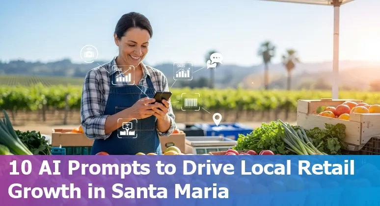 Shopper using a mobile AI assistant in a Santa Maria retail store, with product images and local landmarks visible on screen