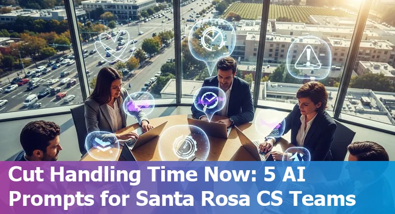 Customer service agent in Santa Rosa using AI prompts on a laptop with Santa Rosa skyline visible