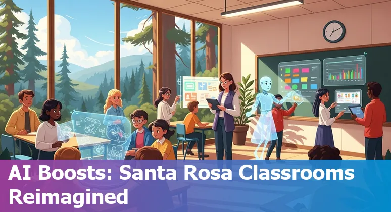 Teacher using AI tools to create lesson plans for Santa Rosa classrooms with students studying.