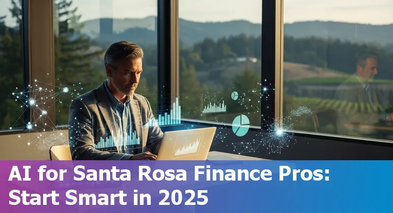 Finance professional using AI tools on a laptop in Santa Rosa, California skyline in the background
