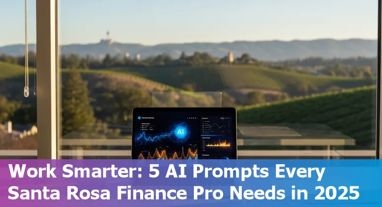Finance professional using AI prompts on laptop showing cash flow and KPI dashboard, with Santa Rosa skyline in background