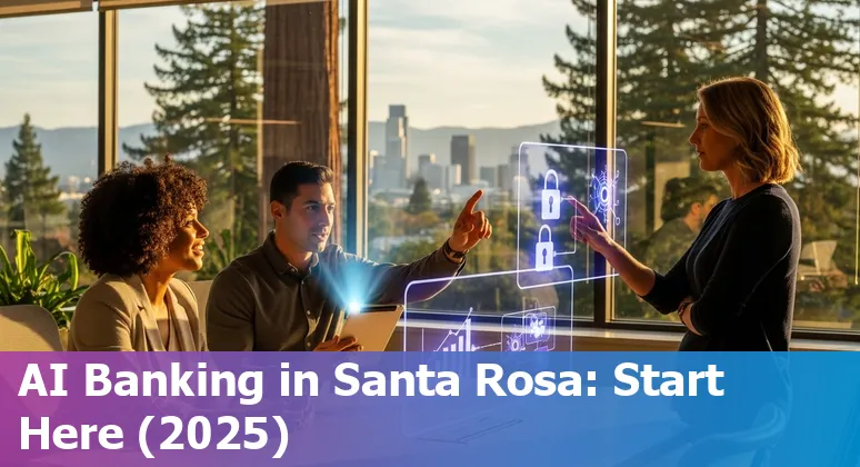 Stock photo of financial team discussing AI strategy in an office with Santa Rosa, California skyline visible in 2025