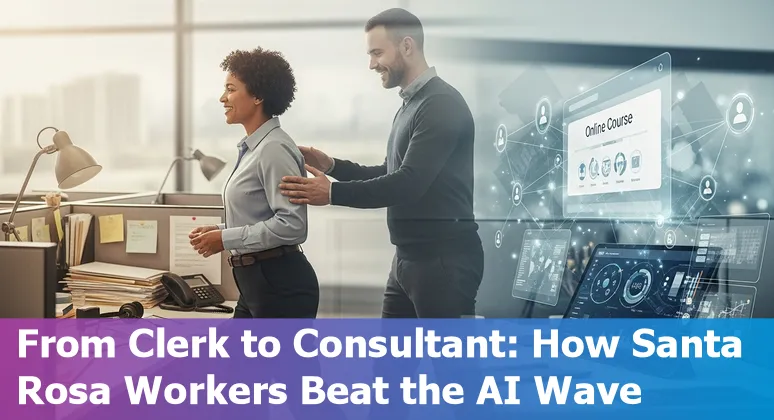 City worker using AI tools at a government desk in Santa Rosa with civic buildings in background