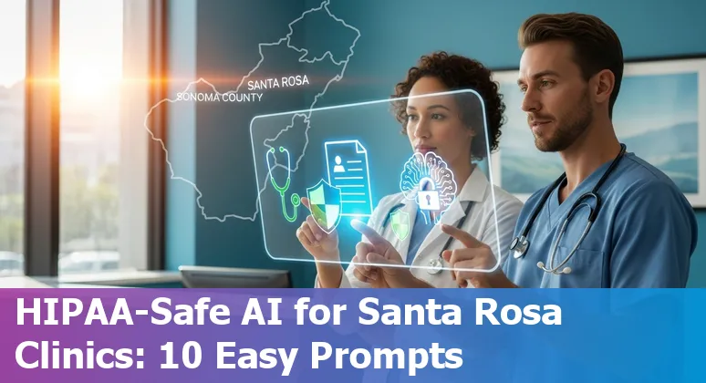 Healthcare AI applications in Santa Rosa: clinician using AI prompts on a tablet with local clinic backdrop