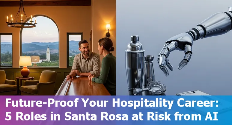 Hotel front desk, housekeeping robot, and HR manager collaborating—illustrating AI’s impact on Santa Rosa hospitality jobs