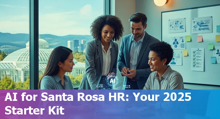 HR professional using AI tools on a laptop in Santa Rosa, California office skyline in 2025