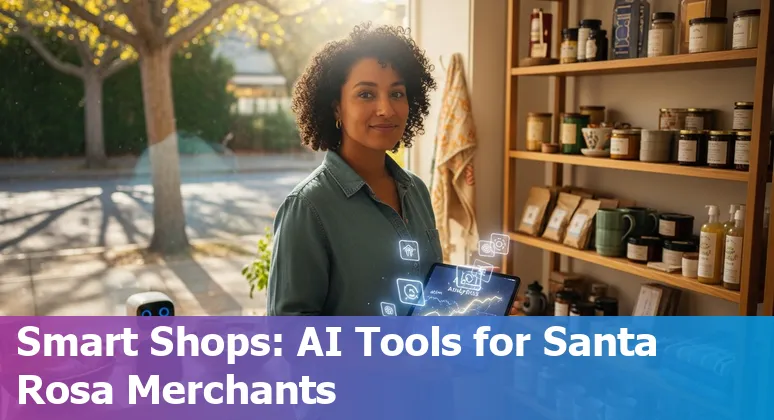 Retailer using AI tools in a Santa Rosa, CA store with WIN Expo poster showing local event details