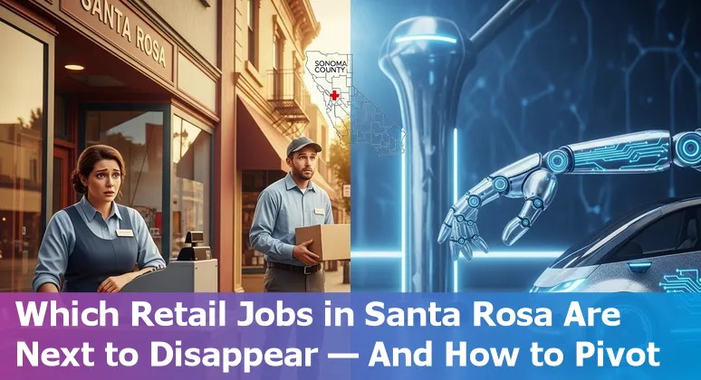 Retail worker using tablet while an AI-assisted self-checkout operates in a Santa Rosa store.