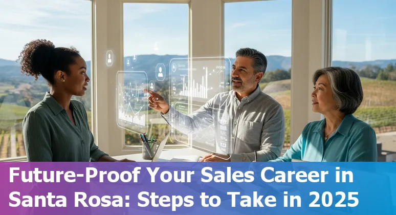 Salesperson using AI tools on a laptop in Santa Rosa, California skyline in the background