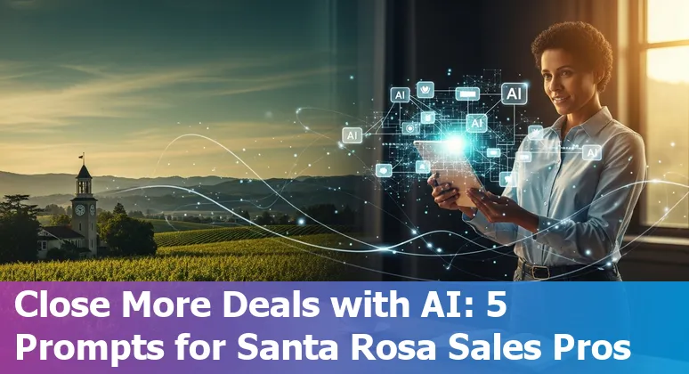 Sales professional using AI prompts on a laptop with Santa Rosa skyline in the background