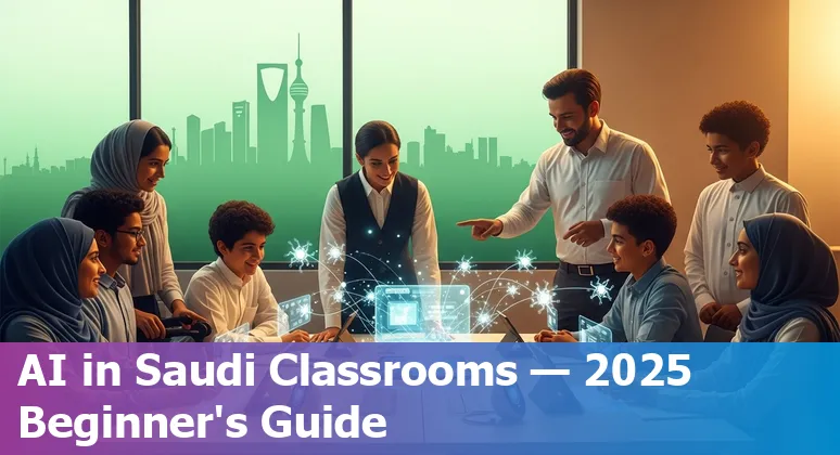 Students and teachers exploring AI curriculum in a Saudi Arabia classroom with cloud and data-center icons