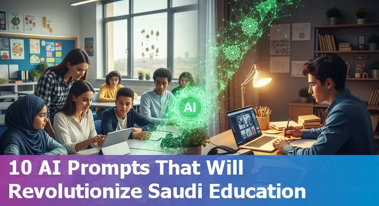 Teacher and students using AI tools in a Saudi classroom, Arabic interfaces on screens.