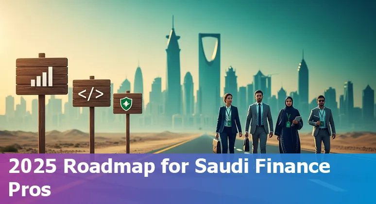 AI and finance professionals collaborating against the Riyadh skyline — exploring AI's impact on finance jobs in Saudi Arabia in 2025