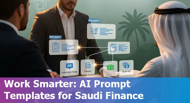 Finance professional in Riyadh using AI prompts on a laptop with SAR banknotes and financial charts on screen