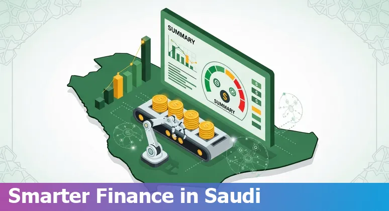 AI-driven financial services illustration in Saudi Arabia showing chatbots, analytics dashboards, and data-center infrastructure