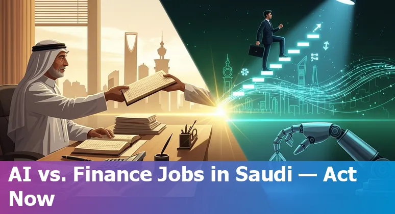 Banking professionals and AI icons showing jobs at risk and re-skilling steps in Saudi Arabia