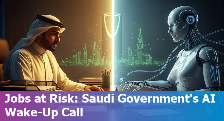 Illustration of Saudi government workers adapting to AI with training logos for SDAIA, Saudi Digital Academy, KAUST