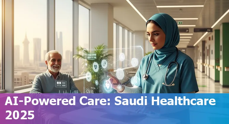 Illustration of AI in healthcare with map and medical icons representing Saudi Arabia