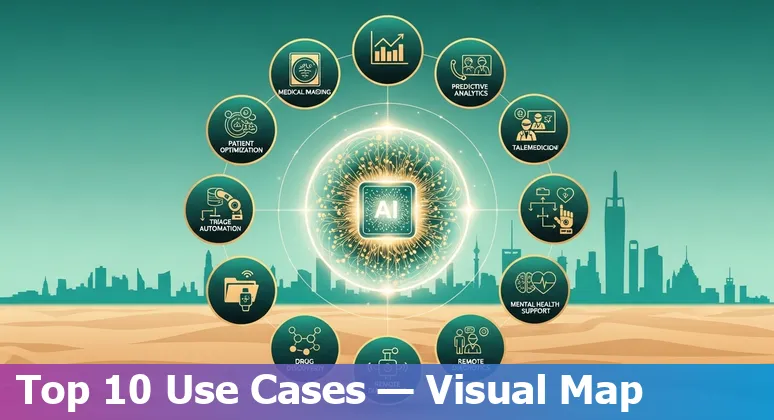 Illustration of AI applications in Saudi healthcare: predictive analytics, imaging, telemedicine, robotic surgery, and data security.