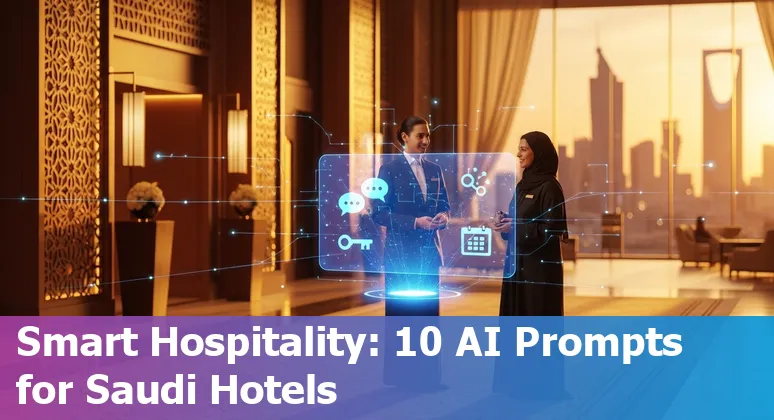 Hospitality staff using AI dashboards in a Saudi hotel lobby showing Arabic and English prompts and occupancy forecasts