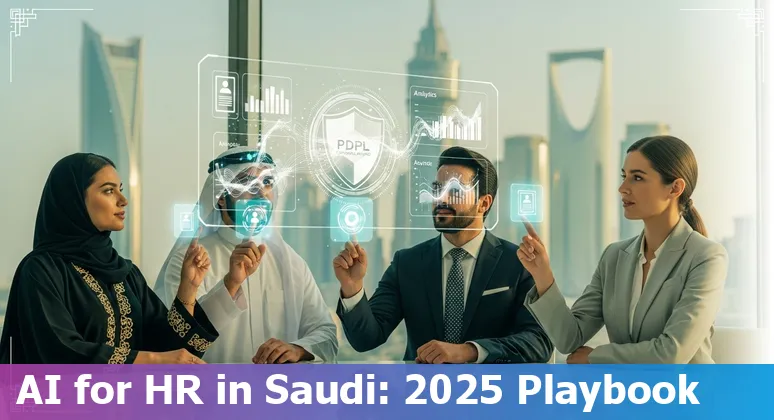 HR professional using an AI dashboard in a Saudi Arabia office
