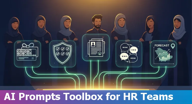 HR professional using AI prompts for benefits, compliance, talent sourcing, engagement, and attrition in Saudi Arabia 2025