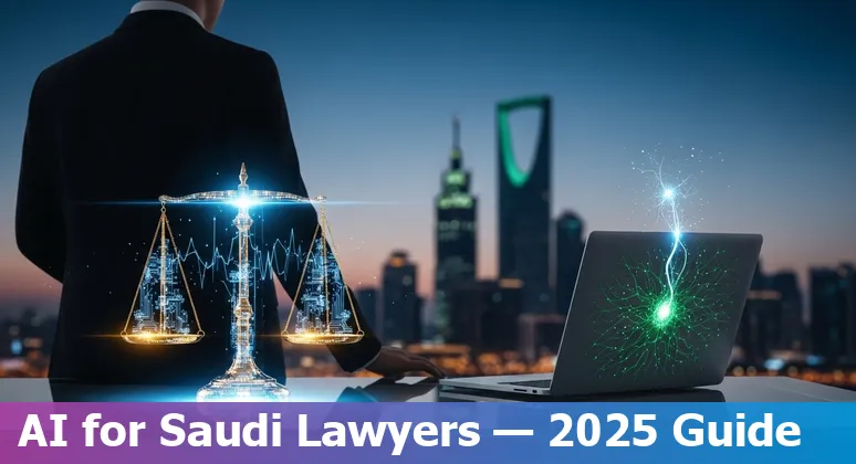 Legal professional using AI tools with Saudi Arabia flag and law books, 2025