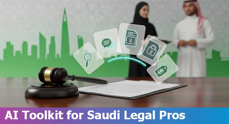 Collage of AI legal tool icons over a Saudi law office background